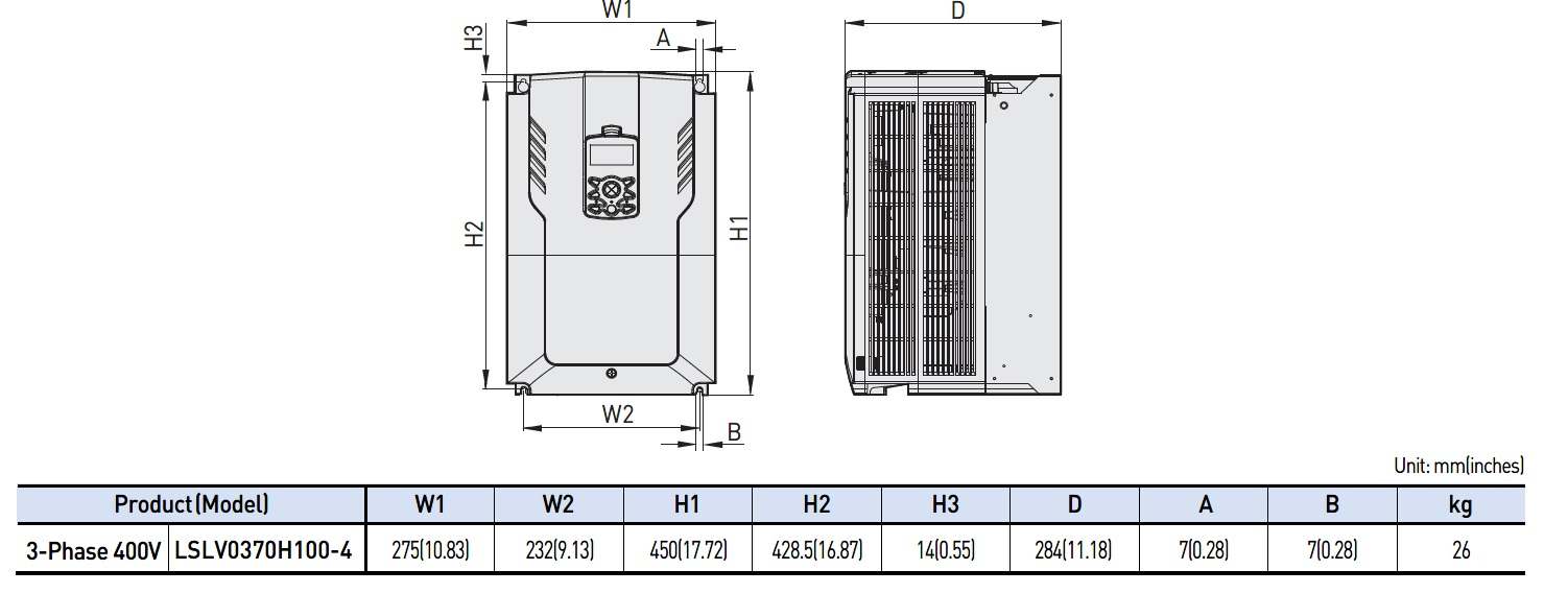 ابعاد اینورتر ال اس سری h100-380v