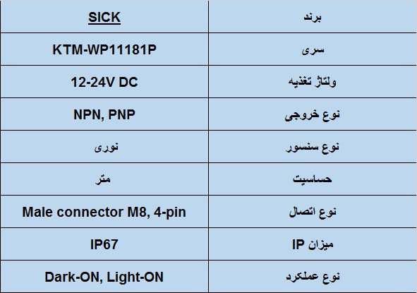 جدول مشخصات فنی سنسور نوریSICK KTM-WP11181P