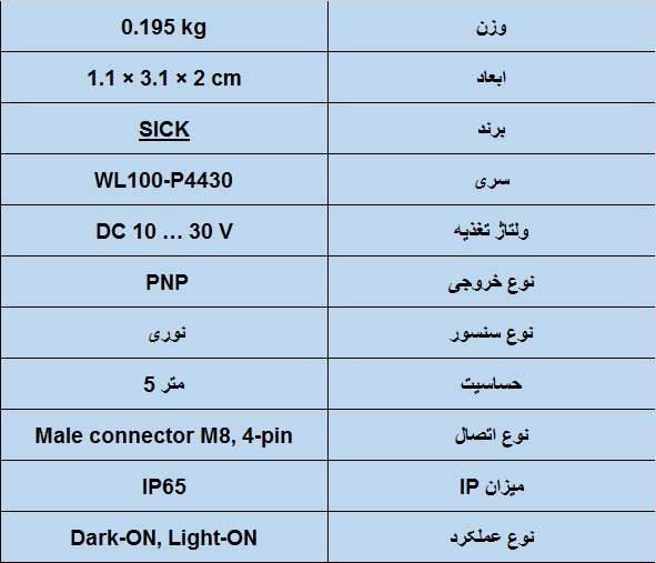 جدول مشخصات فنی سنسور نوریSICK WL100-P4430