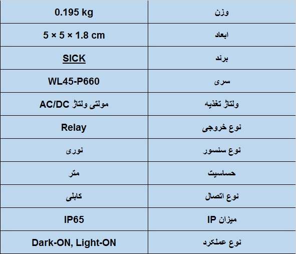 جدول مشخصات فنی سنسور نوری SICK مدل WL45-P660