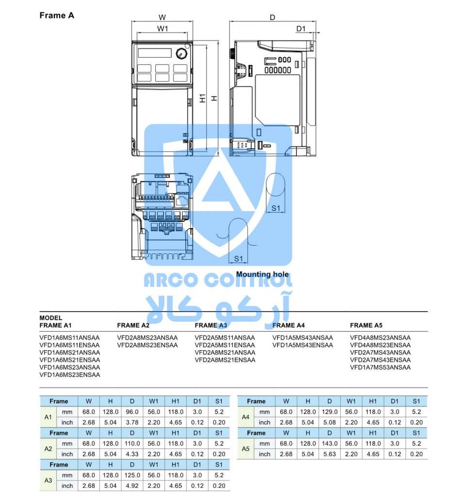 ابعاد اینورتر سری ms300 مدل VFD2A8MS21ANSAA